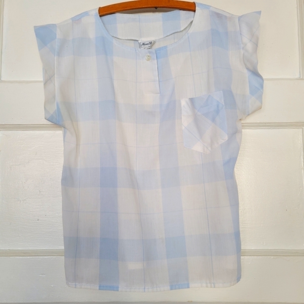Vintage Blue Plaid Light Cotton Short Sleeve 60s Blouse Top